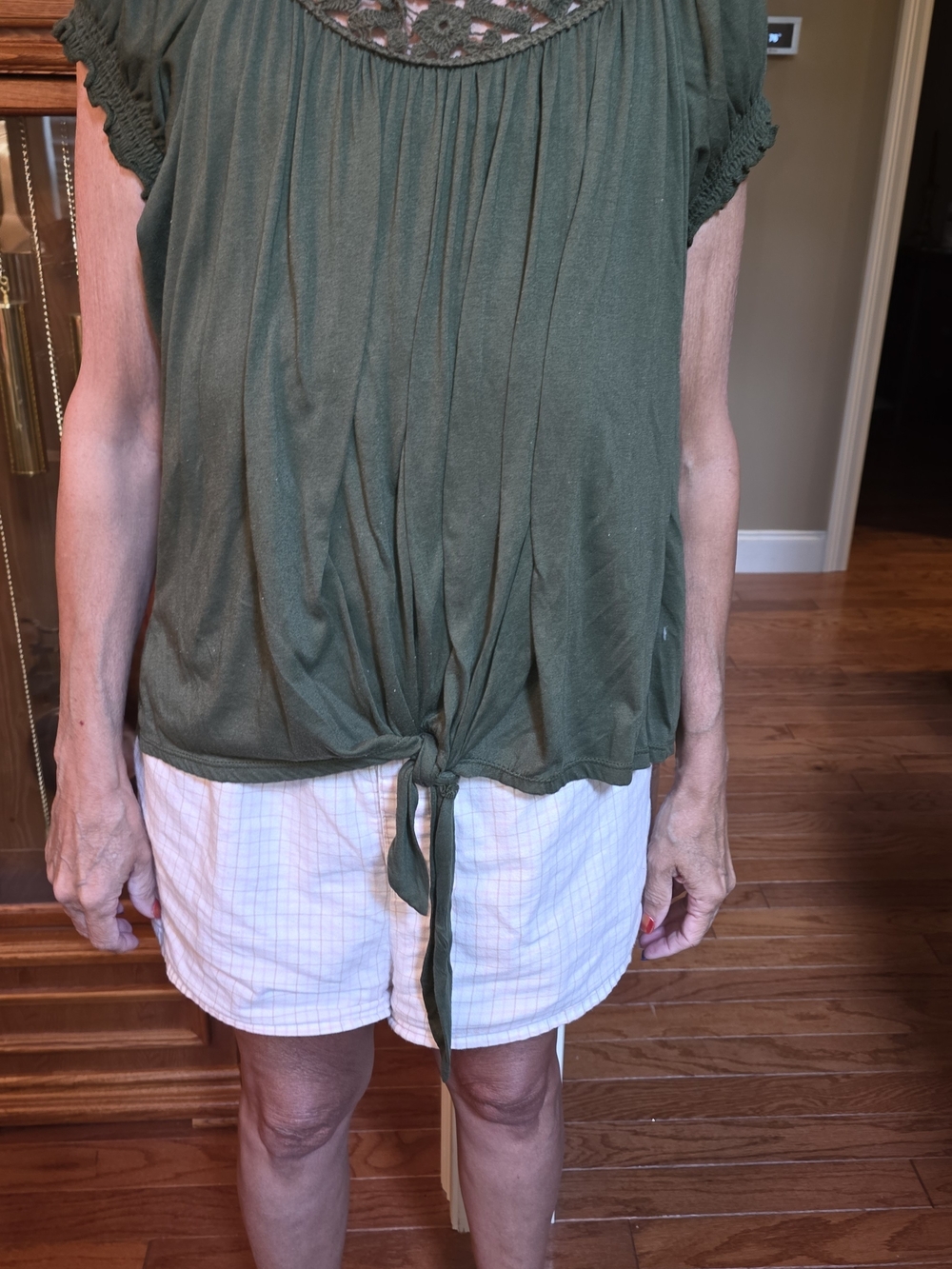 Olive Green Crochet Yoke Tie-Front Top